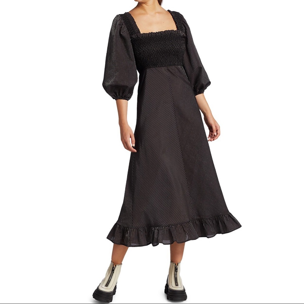 NWT 🖤 GANNI Seesucker Puff-Sleeve Midi Dress - Picture 6 of 12